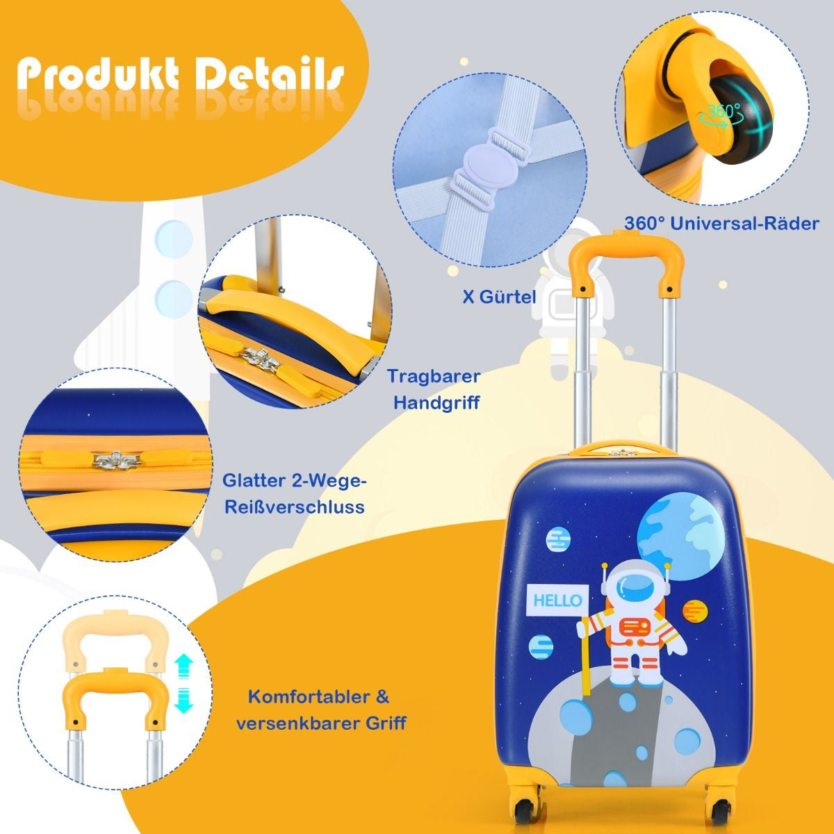 2-Teiliges Kinderkoffer-Set Mit Astronautenmuster Rucksack & Koffer 27 X 20 X 43 Cm Dunkelblau
