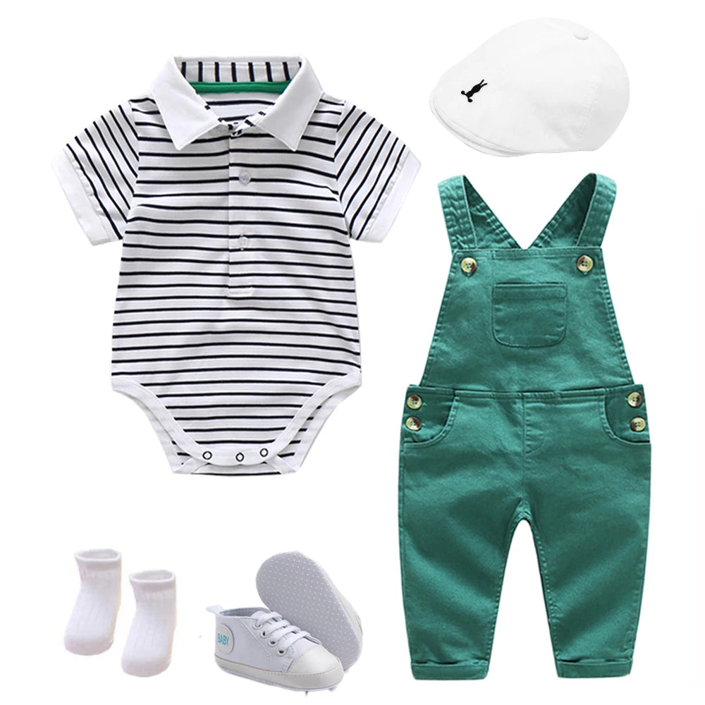 Boys Summer Hat Suit Baby Clothes Set Cotton Cap + Striped Romper + Green Jumper + Shoes + Socks Casual Children Birthday Outfit