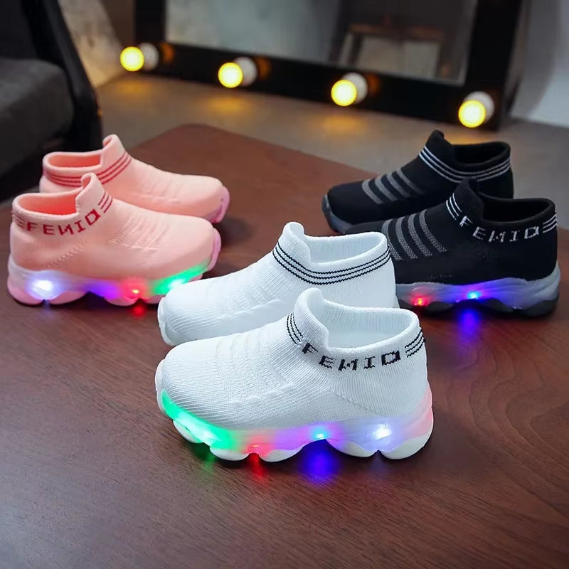 Kids Sneakers Children Baby Girls Boys Letter Mesh Led Luminous Socks Sport Run Sneakers Shoes Sapato Infantil Light up Shoes