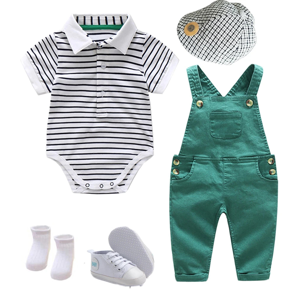 Boys Summer Hat Suit Baby Clothes Set Cotton Cap + Striped Romper + Green Jumper + Shoes + Socks Casual Children Birthday Outfit