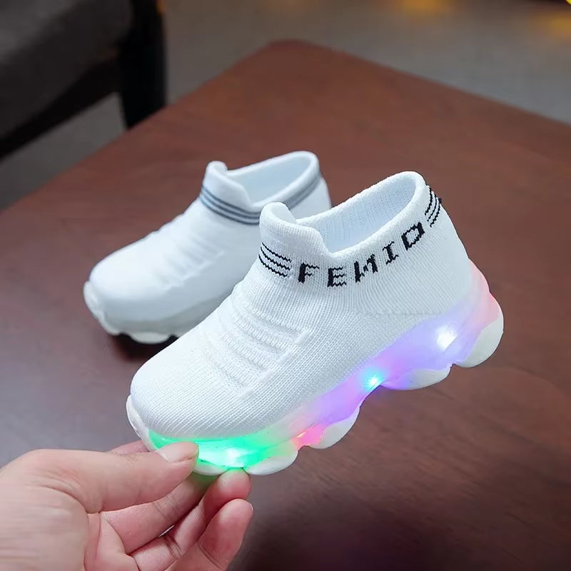Kids Sneakers Children Baby Girls Boys Letter Mesh Led Luminous Socks Sport Run Sneakers Shoes Sapato Infantil Light up Shoes