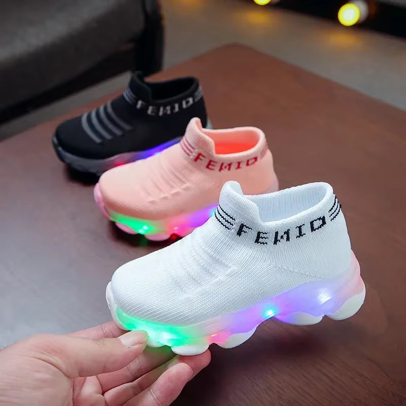 Kids Sneakers Children Baby Girls Boys Letter Mesh Led Luminous Socks Sport Run Sneakers Shoes Sapato Infantil Light up Shoes