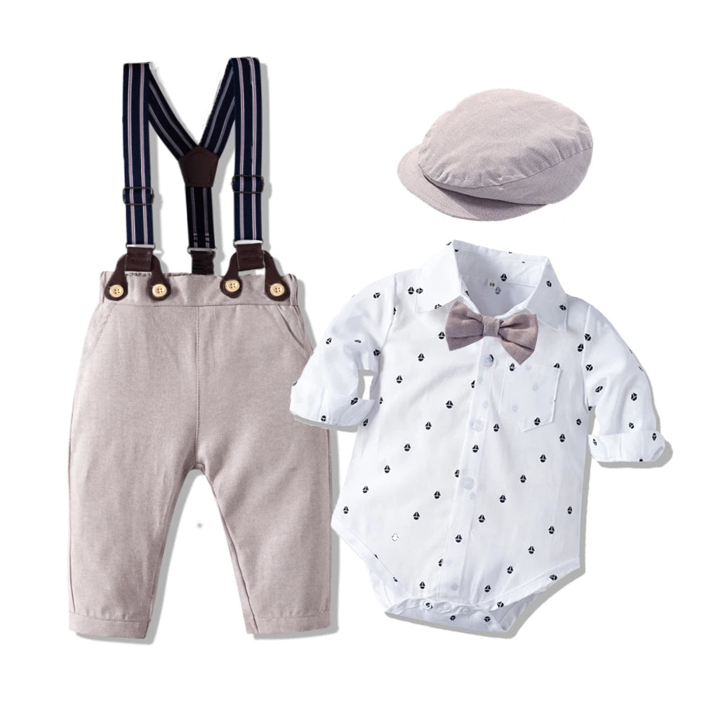 Baby Boy Birthday Gentleman Romper Clothes Set with Hat Cotton Spring Fall Toddler Kid Printed Bodysuit Dress Infant Outfit Suit