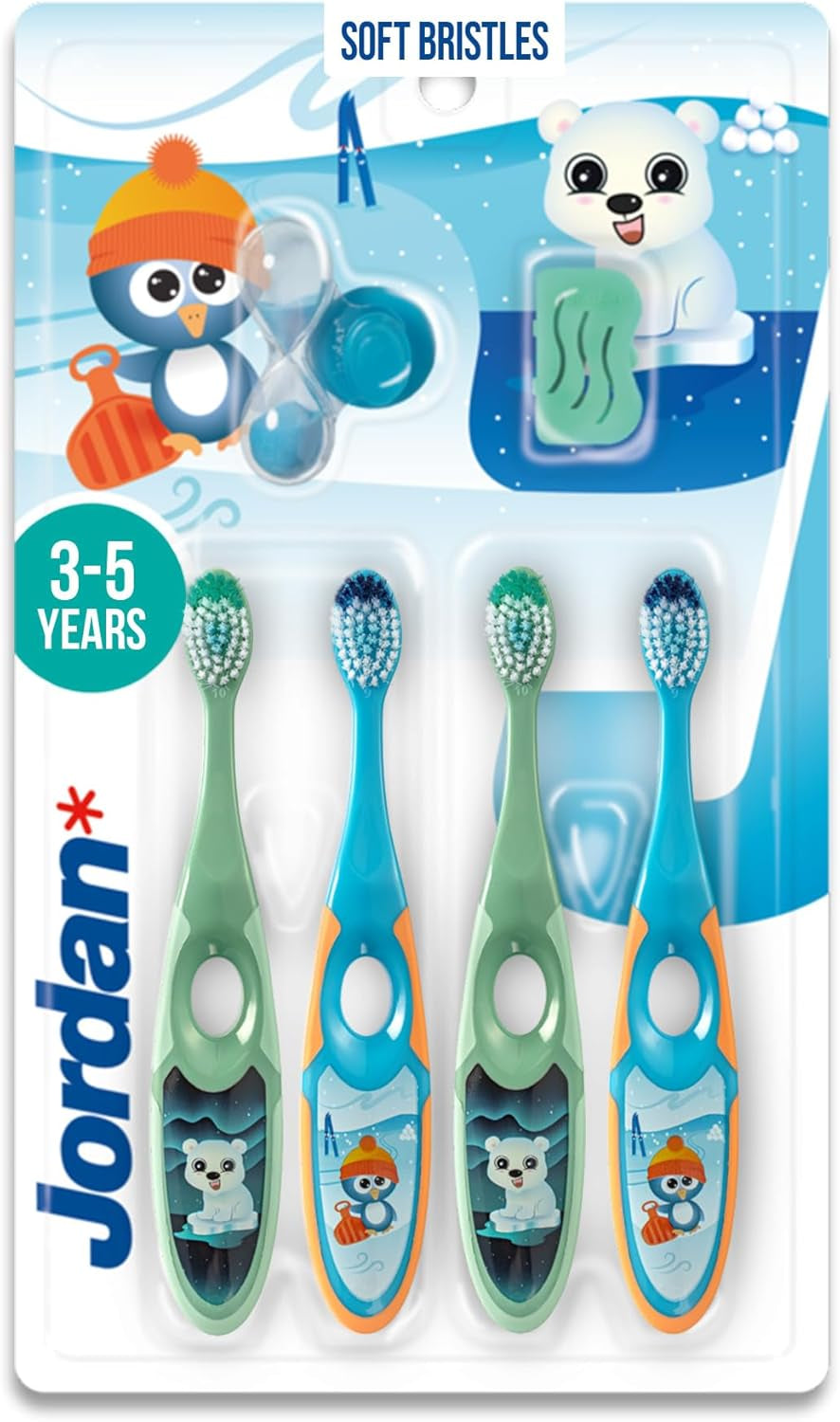 Jordan ® | Step 2 Zahnbürste Kinder | Kinder Zahnbürste Für 3-5 Jahre | Weiche Borsten, Doppelter Ergonomischer Griff & Bpa-Frei | Grüne Und Blaue Farbe | Pack 4 Einheiten