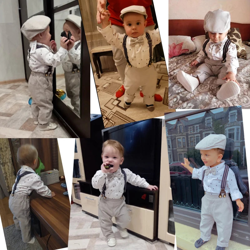 Baby Boy Birthday Gentleman Romper Clothes Set with Hat Cotton Spring Fall Toddler Kid Printed Bodysuit Dress Infant Outfit Suit