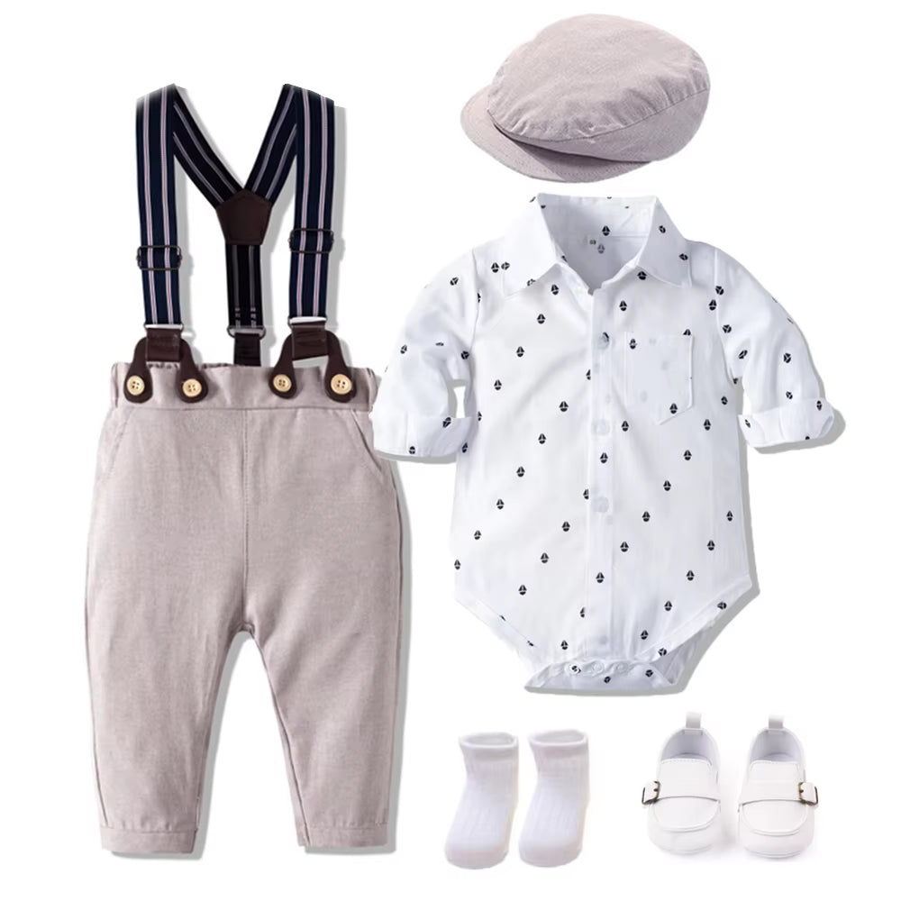 Baby Boy Birthday Gentleman Romper Clothes Set with Hat Cotton Spring Fall Toddler Kid Printed Bodysuit Dress Infant Outfit Suit