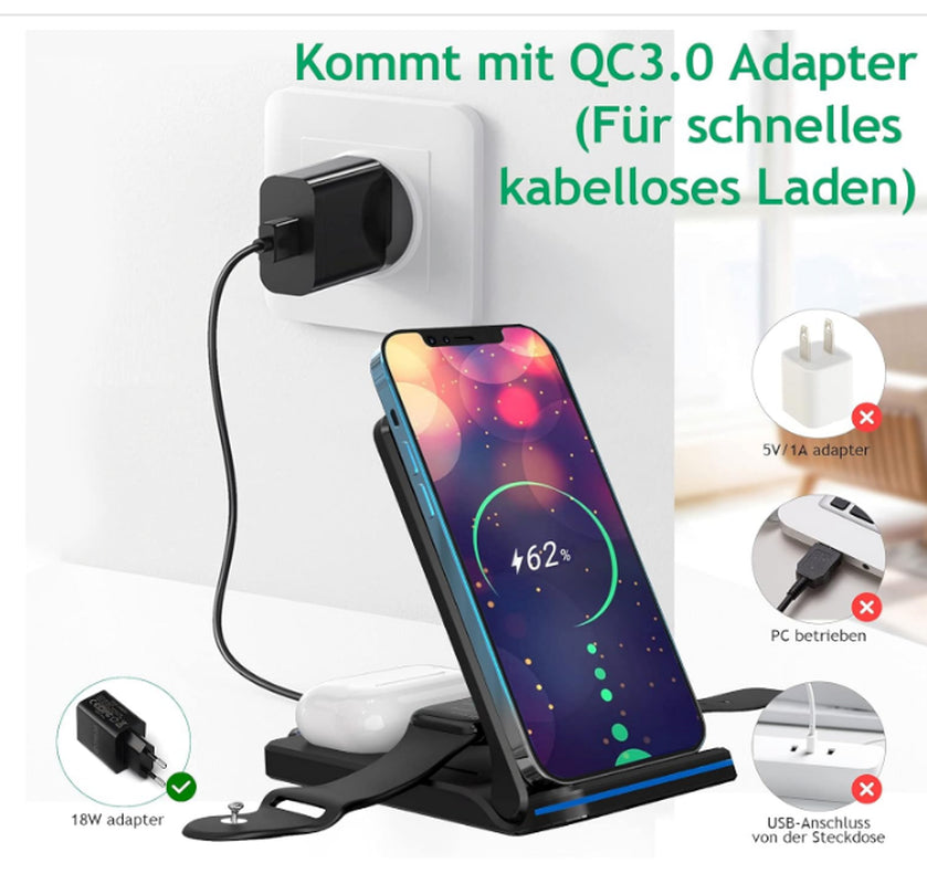 Wireless Charger 3 in 1 Induktive Ladestation 15W Kabellos Ladegerät Mit Adapter