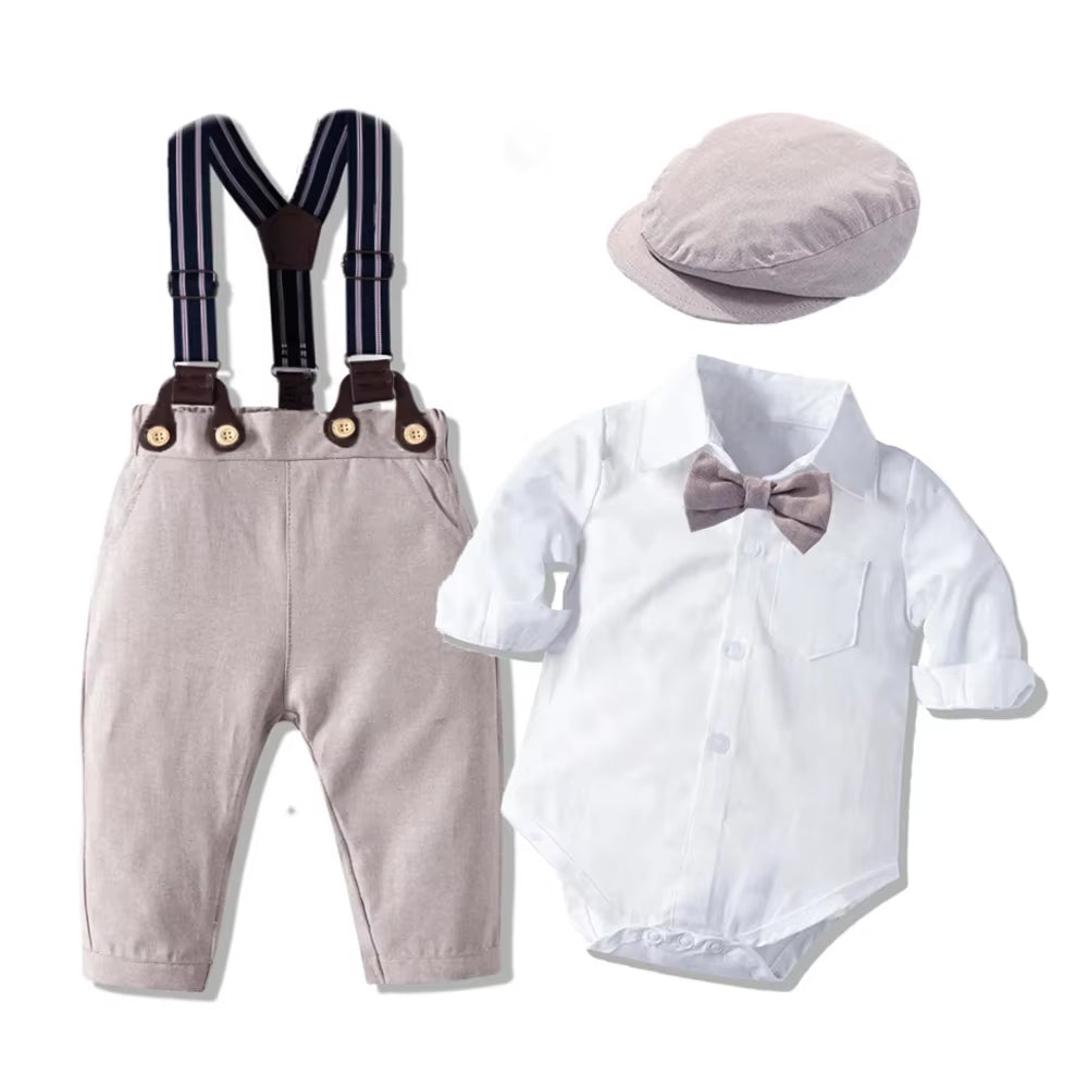 Baby Boy Birthday Gentleman Romper Clothes Set with Hat Cotton Spring Fall Toddler Kid Printed Bodysuit Dress Infant Outfit Suit