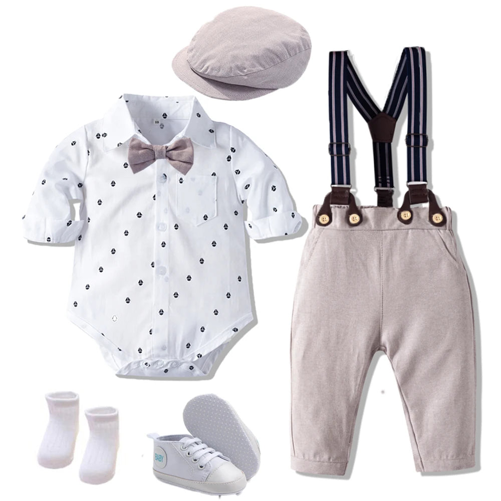 Baby Boy Birthday Gentleman Romper Clothes Set with Hat Cotton Spring Fall Toddler Kid Printed Bodysuit Dress Infant Outfit Suit