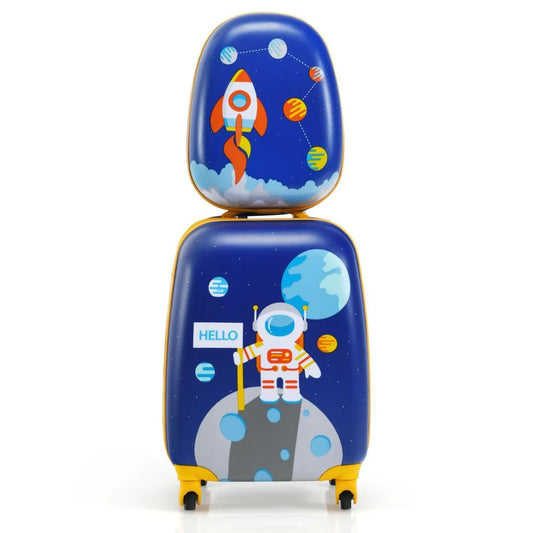 2-Teiliges Kinderkoffer-Set Mit Astronautenmuster Rucksack & Koffer 27 X 20 X 43 Cm Dunkelblau