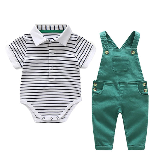 Boys Summer Hat Suit Baby Clothes Set Cotton Cap + Striped Romper + Green Jumper + Shoes + Socks Casual Children Birthday Outfit