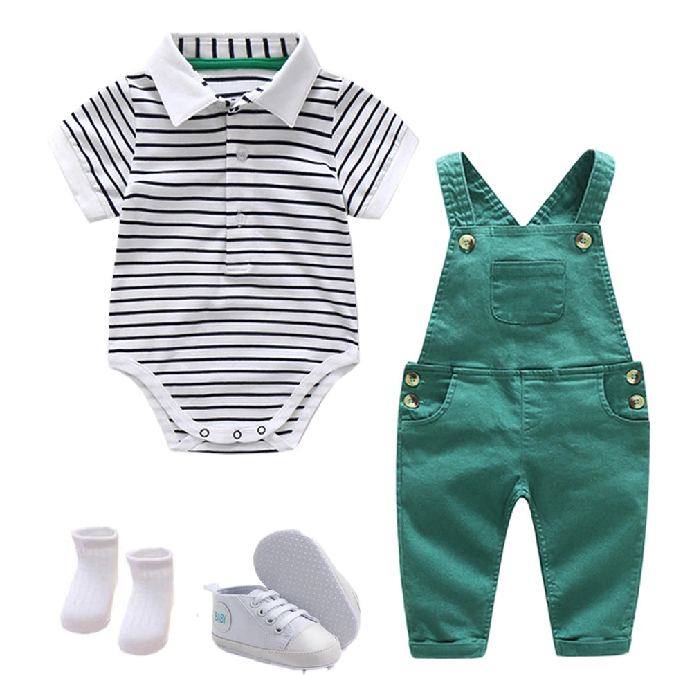 Boys Summer Hat Suit Baby Clothes Set Cotton Cap + Striped Romper + Green Jumper + Shoes + Socks Casual Children Birthday Outfit