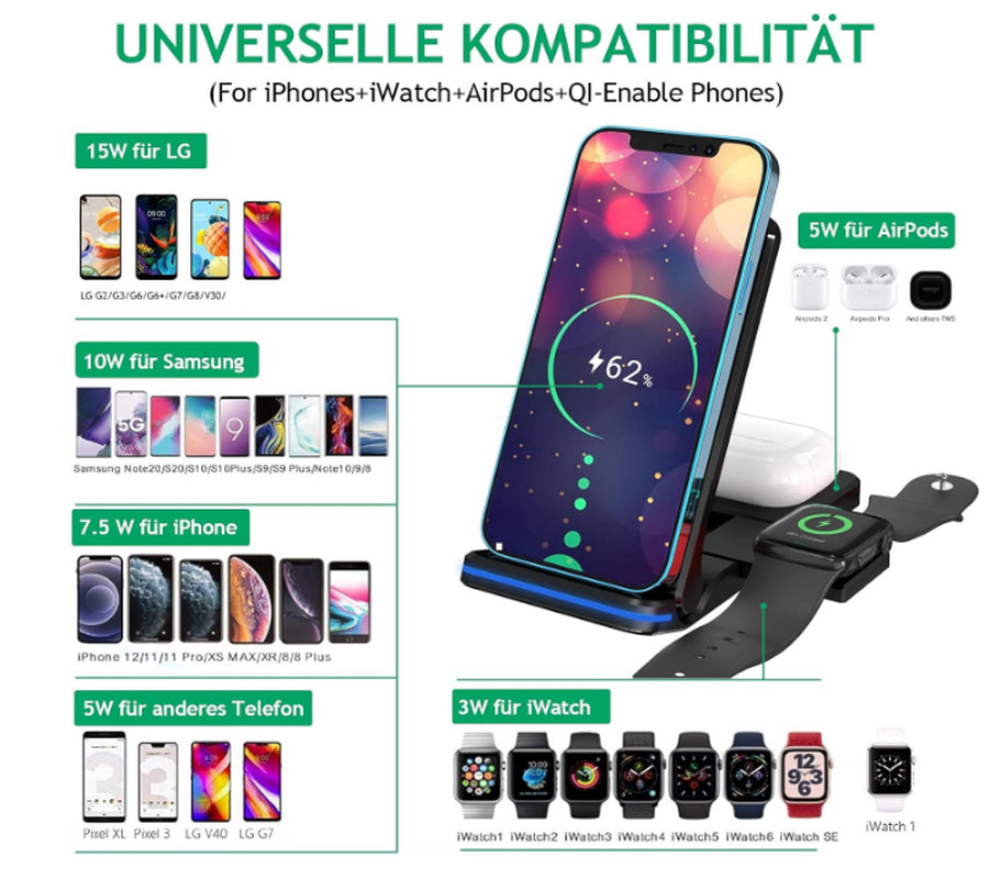 Wireless Charger 3 in 1 Induktive Ladestation 15W Kabellos Ladegerät Mit Adapter