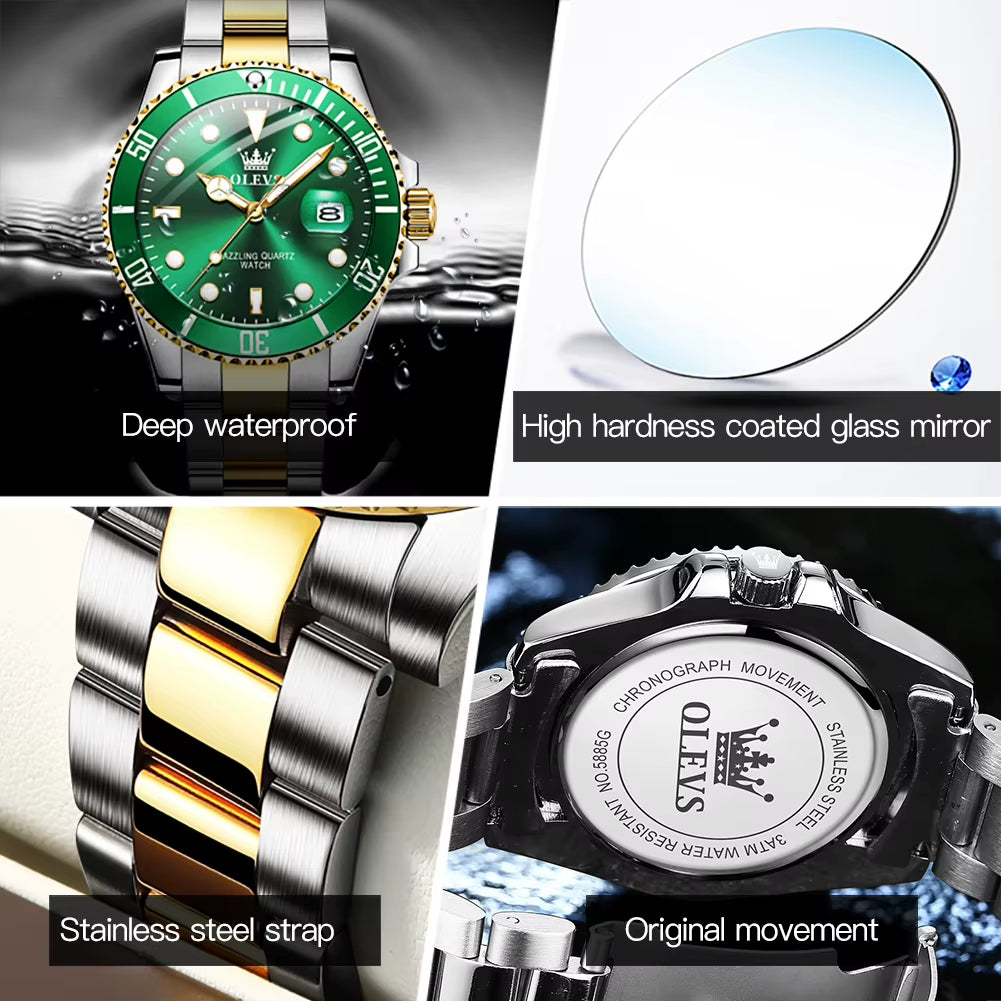 Top Original Men Quartz Watch Green Waterproof Watch for Men Stainless Steel Quartz Men Luxury Watch Luminous Wristwatch