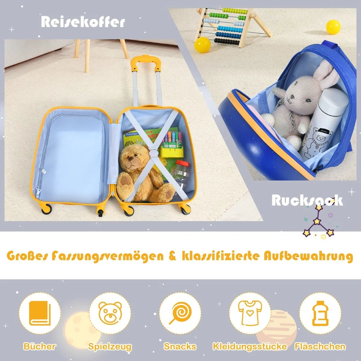 2-Teiliges Kinderkoffer-Set Mit Astronautenmuster Rucksack & Koffer 27 X 20 X 43 Cm Dunkelblau
