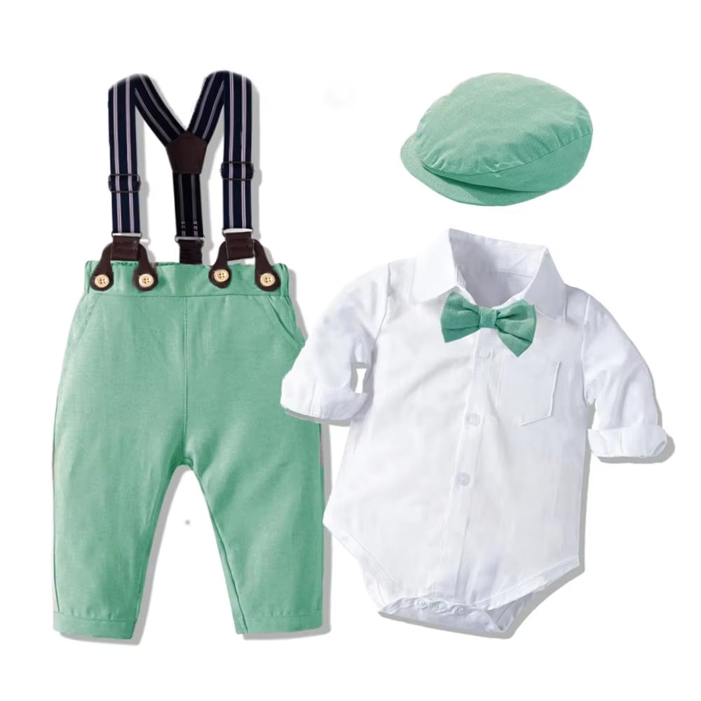 Baby Boy Birthday Gentleman Romper Clothes Set with Hat Cotton Spring Fall Toddler Kid Printed Bodysuit Dress Infant Outfit Suit